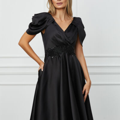 Black Friday Rochie MBG neagra cu umeri bufanti si broderie in talie