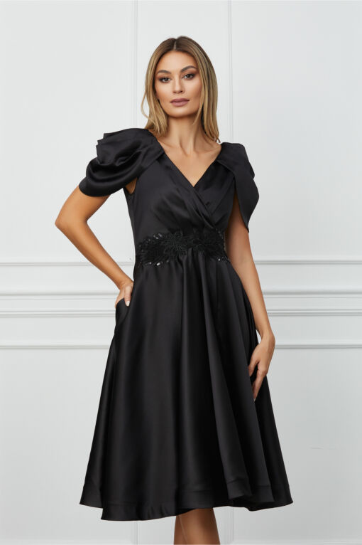 Black Friday Rochie MBG neagra cu umeri bufanti si broderie in talie