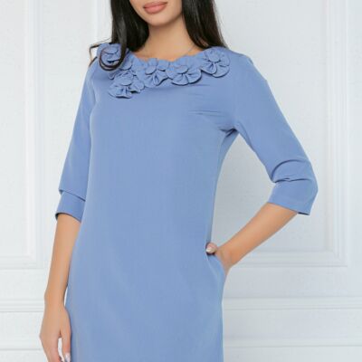 Black Friday Rochie MBG office din stofa bleu accesorizata cu floricele la bust