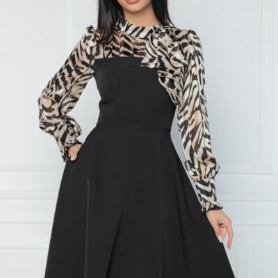 Black Friday Rochie MBG office din stofa cu voal la bust si animal print bej