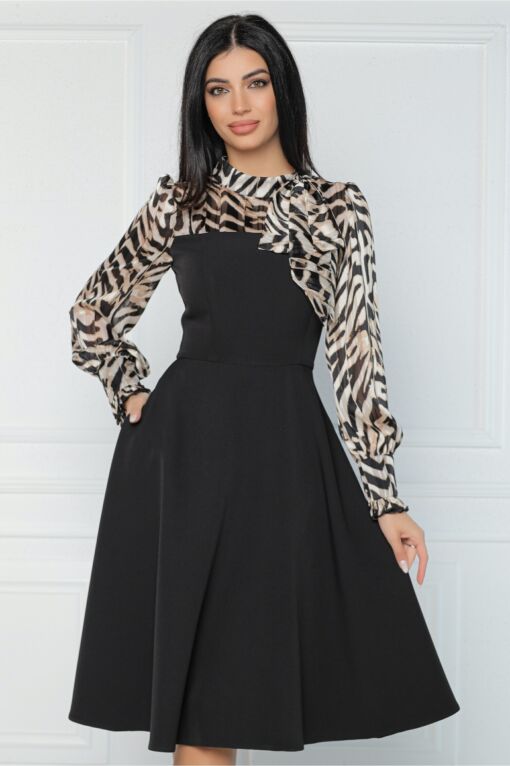 Black Friday Rochie MBG office din stofa cu voal la bust si animal print bej
