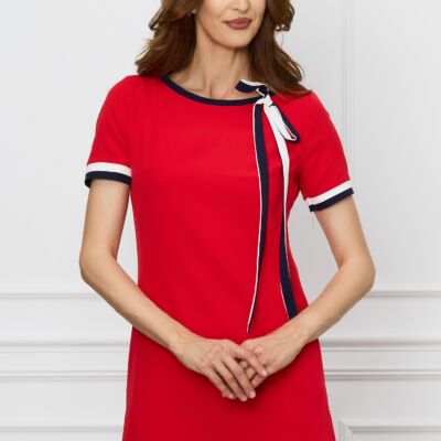 Black Friday 2022 Rochie MBG rosie cu buzunare si snur bleumarin la decolteu