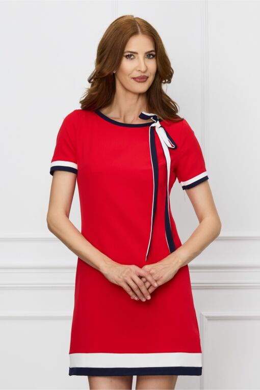 Black Friday 2022 Rochie MBG rosie cu buzunare si snur bleumarin la decolteu