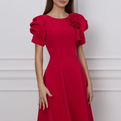 Black Friday Rochie MBG rosu zmeura cu umeri bufanti si aplicatie florala 3D
