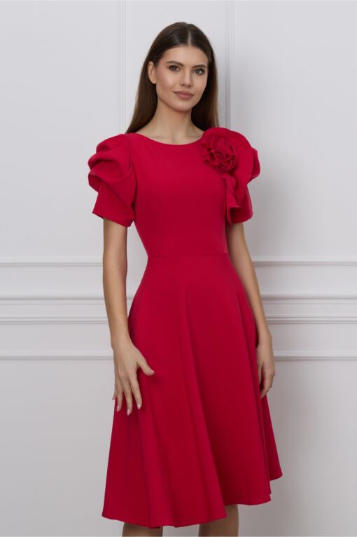 Black Friday Rochie MBG rosu zmeura cu umeri bufanti si aplicatie florala 3D