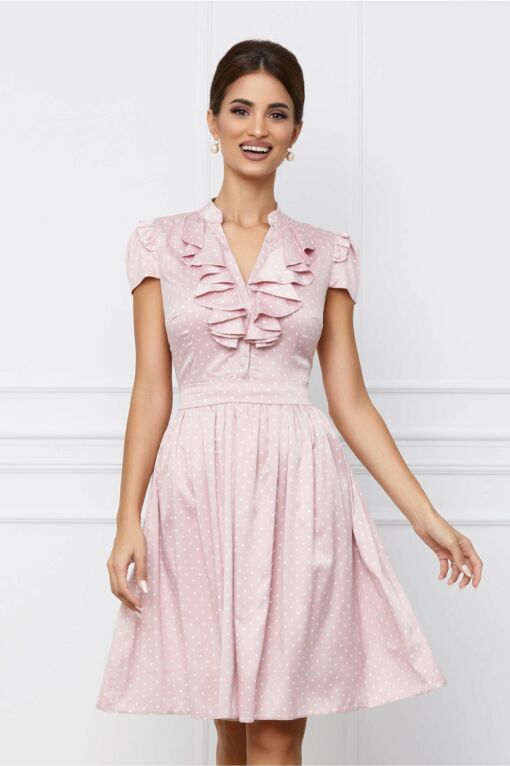 Black Friday 2022 Rochie MBG roz cu buline si volane la decolteu