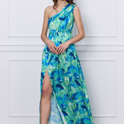 Black Friday Rochie MBG turcoaz lunga din satin pe un umar cu imprimeu