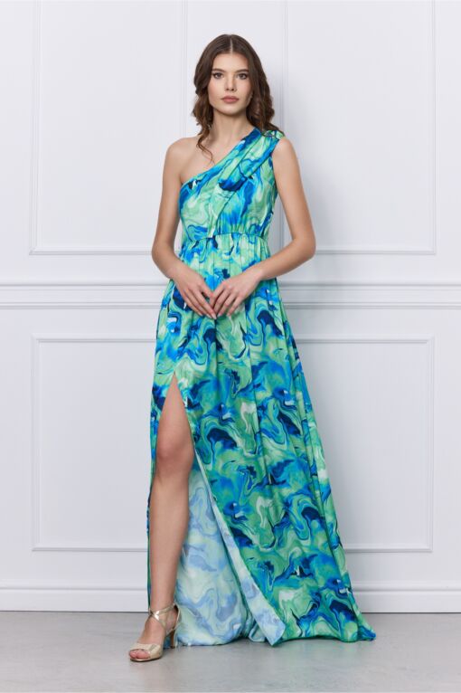Black Friday Rochie MBG turcoaz lunga din satin pe un umar cu imprimeu
