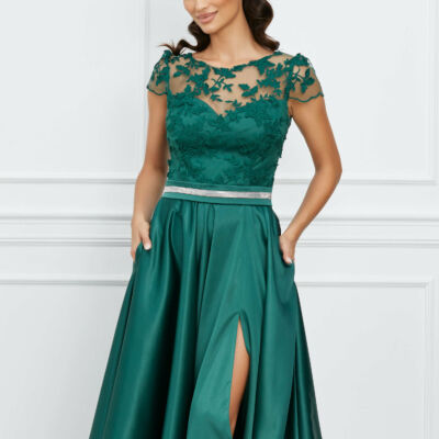 Black Friday Rochie MBG verde cu dantela la bust si crepeu maxi
