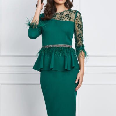 Black Friday 2022 Rochie MBG verde cu dantela si pene