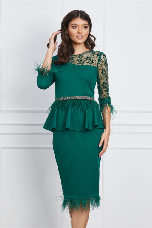 Black Friday 2022 Rochie MBG verde cu dantela si pene