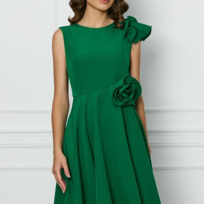 Black Friday Rochie MBG verde cu floare in talie si volanas pe un umar
