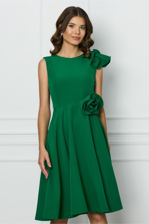 Black Friday Rochie MBG verde cu floare in talie si volanas pe un umar