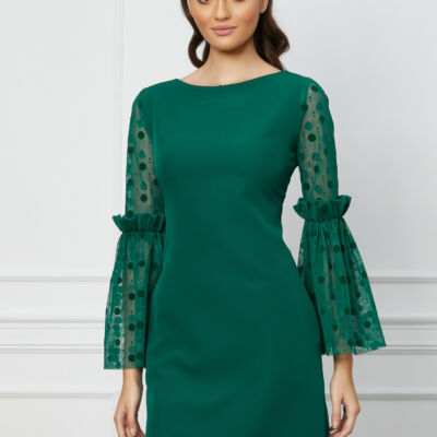 Black Friday 2022 Rochie MBG verde cu maneci evazate din tull cu buline catifelate