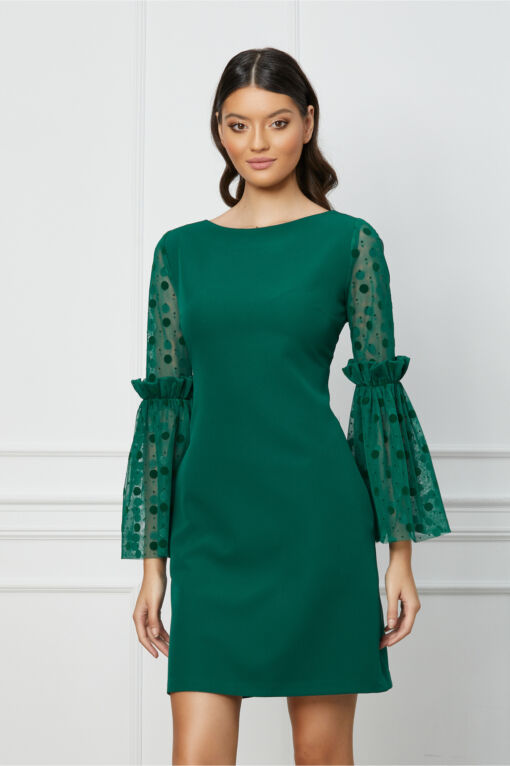 Black Friday 2022 Rochie MBG verde cu maneci evazate din tull cu buline catifelate