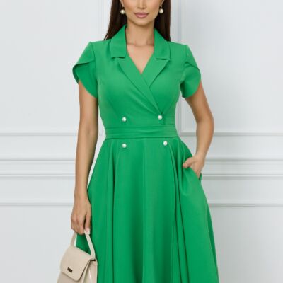 Black Friday 2022 Rochie MBG verde cu nasturi si cordon decorativ in talie