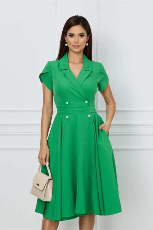 Black Friday 2022 Rochie MBG verde cu nasturi si cordon decorativ in talie