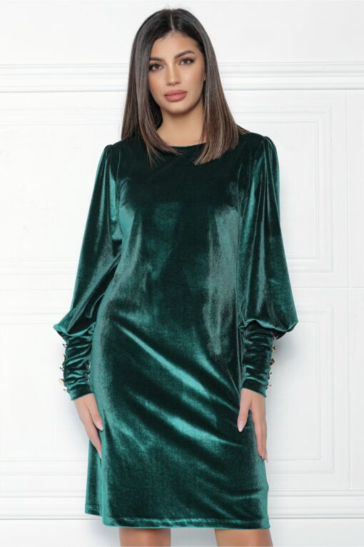 Black Friday 2022 Rochie MBG verde din catifea cu nasturi pe maneci