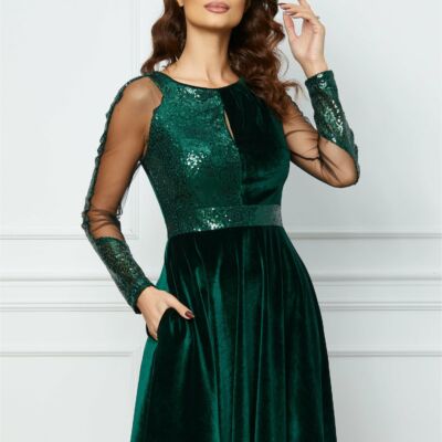 Black Friday Rochie MBG verde din catifea cu paiete la bust
