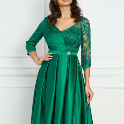 Black Friday 2022 Rochie MBG verde din tafta cu maneca din dantela