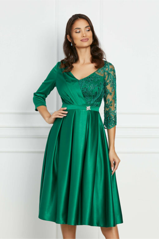Black Friday 2022 Rochie MBG verde din tafta cu maneca din dantela