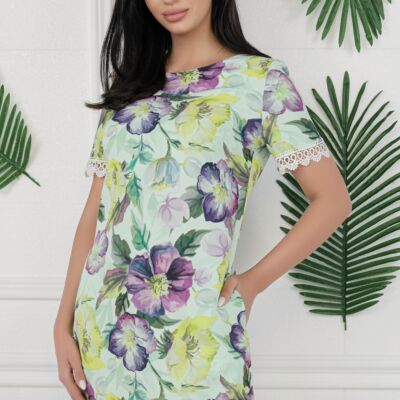 Black Friday 2022 Rochie MBG verde mint cu flori mov si dantela