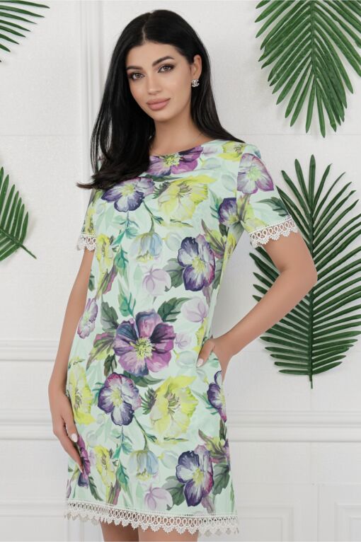 Black Friday 2022 Rochie MBG verde mint cu flori mov si dantela