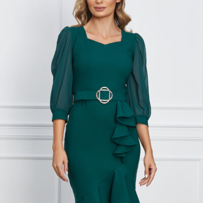 Black Friday Rochie Madalina verde cu volan pe fusta si curea in talie