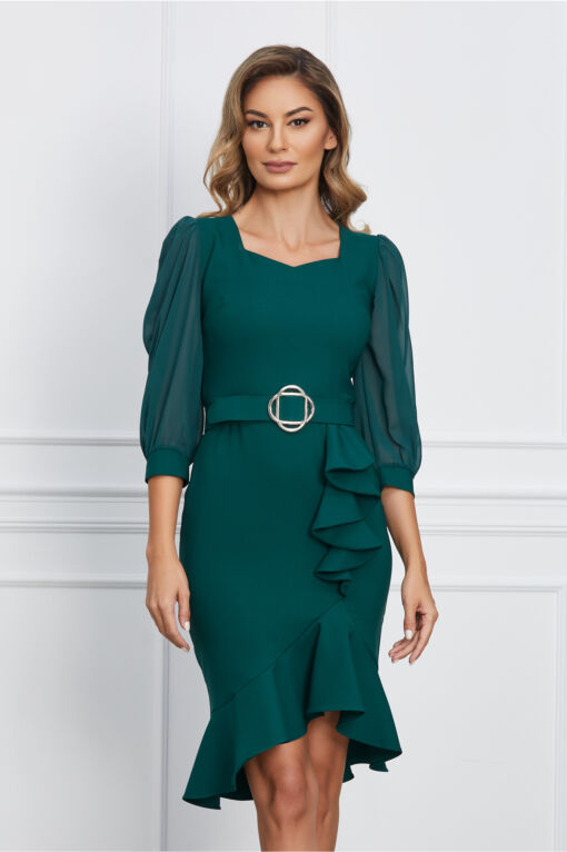 Black Friday Rochie Madalina verde cu volan pe fusta si curea in talie