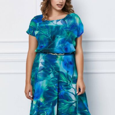 Black Friday 2022 Rochie Maira albastra cu imprimeu verde si accesoriu in talie