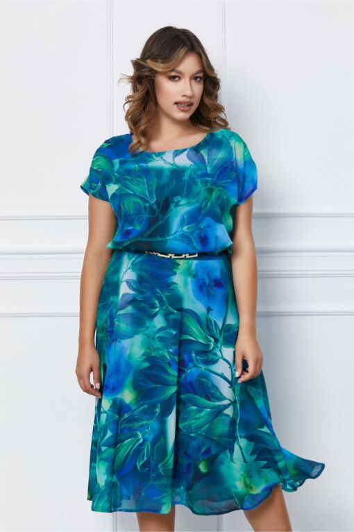 Black Friday 2022 Rochie Maira albastra cu imprimeu verde si accesoriu in talie
