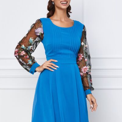 Black Friday 2022 Rochie Malena albastra cu pliuri la bust si broderie florala la maneci
