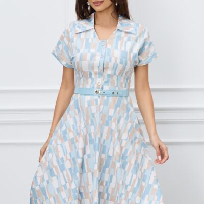Black Friday 2022 Rochie Mara bleu cu imprimeuri bej si curea in talie