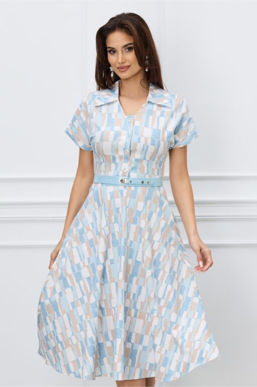 Black Friday 2022 Rochie Mara bleu cu imprimeuri bej si curea in talie
