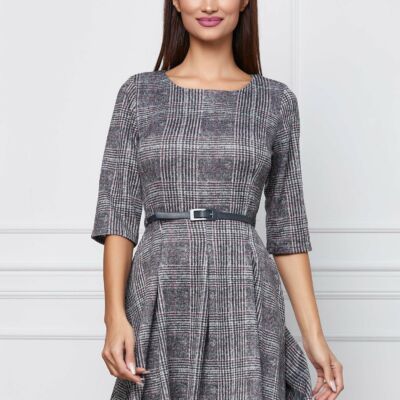 Black Friday 2022 Rochie Mara gri cu carouri bordo si curea in talie