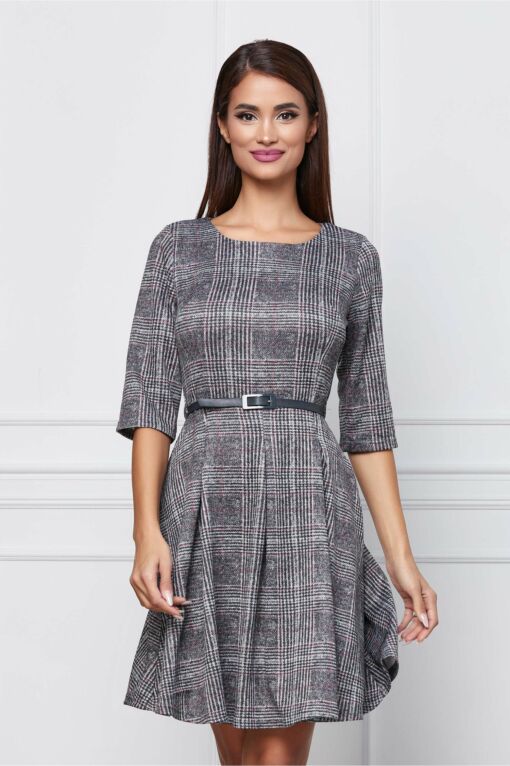 Black Friday 2022 Rochie Mara gri cu carouri bordo si curea in talie