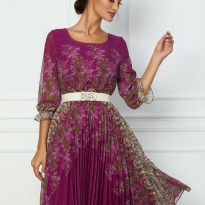 Black Friday 2022 Rochie Mara magenta cu imprimeuri florale bej