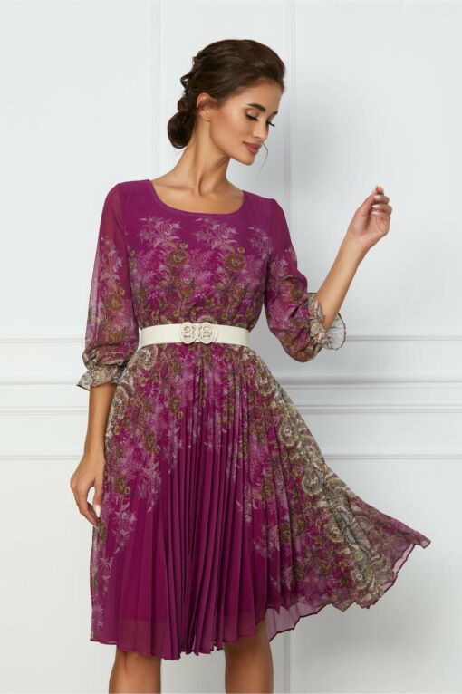 Black Friday 2022 Rochie Mara magenta cu imprimeuri florale bej
