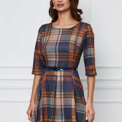 Black Friday 2022 Rochie Mara maro cu carouri bleumarin si curea in talie