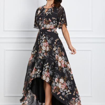 Black Friday 2022 Rochie Mara neagra cu flori roz si lungime asimetrica
