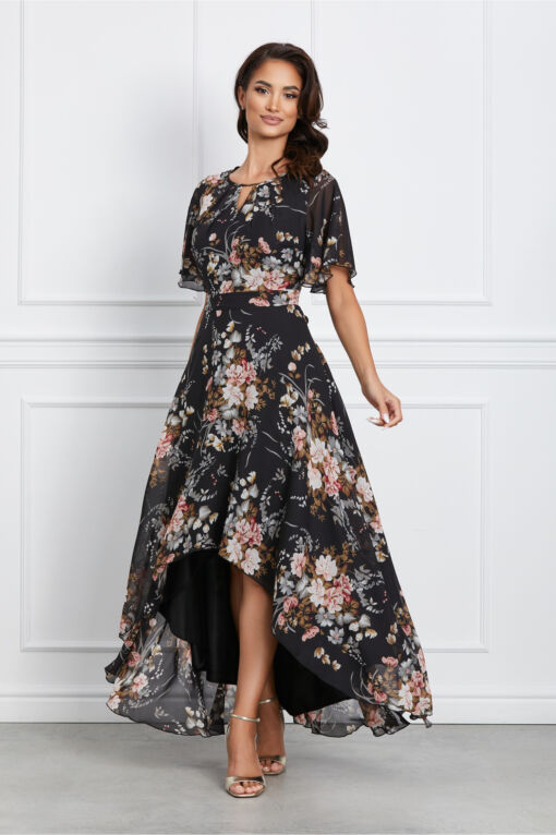 Black Friday 2022 Rochie Mara neagra cu flori roz si lungime asimetrica
