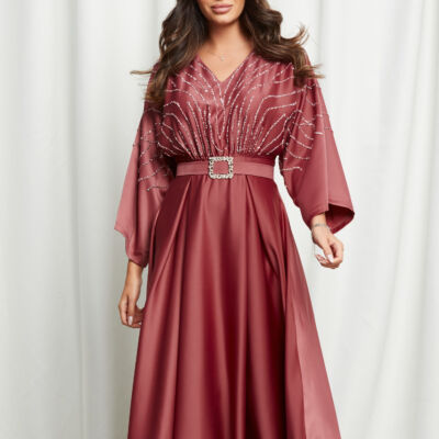 Black Friday 2022 Rochie Mara roz coniac cu strasuri pe bust si curea in talie