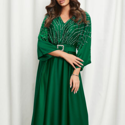 Black Friday 2022 Rochie Mara verde cu strasuri pe bust si curea in talie