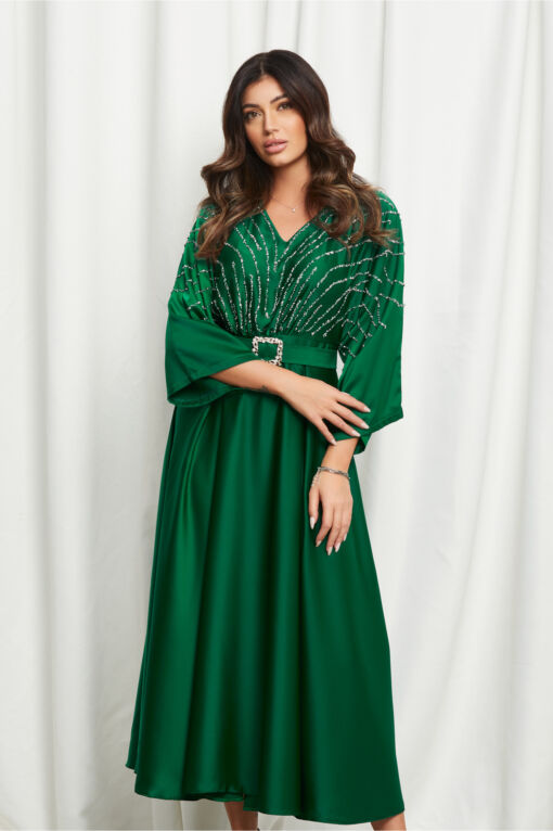 Black Friday 2022 Rochie Mara verde cu strasuri pe bust si curea in talie