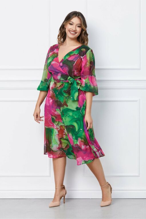 Black Friday 2022 Rochie Mara verde si fucsia cu decolteu petrecut