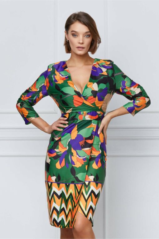 Black Friday 2022 Rochie Marcy verde cu imprimeuri orange si mov