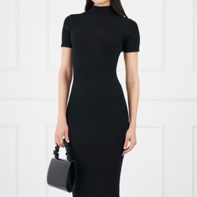 Black Friday 2022 Rochie Maria neagra din tricot reiat cu maneci scurte