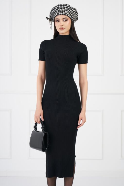 Black Friday 2022 Rochie Maria neagra din tricot reiat cu maneci scurte