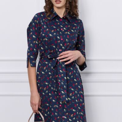 Black Friday 2022 Rochie Maria tip camasa bleumarin cu imprimeu si cordon in talie