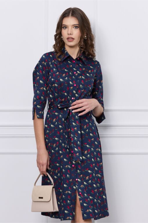 Black Friday 2022 Rochie Maria tip camasa bleumarin cu imprimeu si cordon in talie
